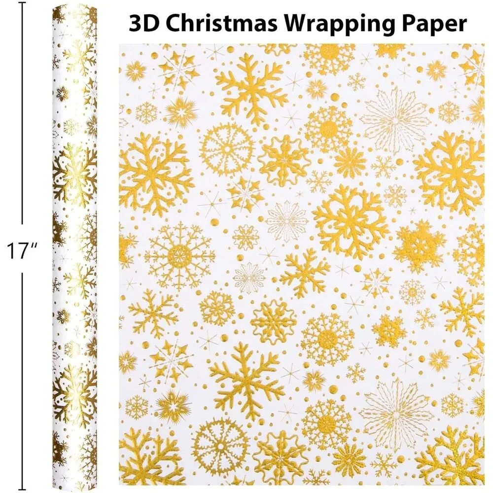 Homeral Christmas Wrapping Paper Roll - 3D Embossed Gold Foil Shine Snowflakes